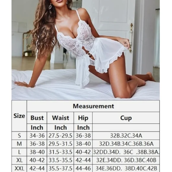 Sexy Lace Bodysuit One Piece Teddy Lingerie Deep V Mesh Nightgown White - Picture 5 of 6